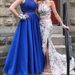 Long two-piece, floral, lace prom dress